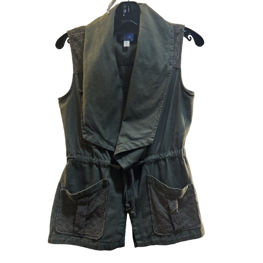 Womens Small Vest Olive green denim sleeveless, tie front, eyelet detail